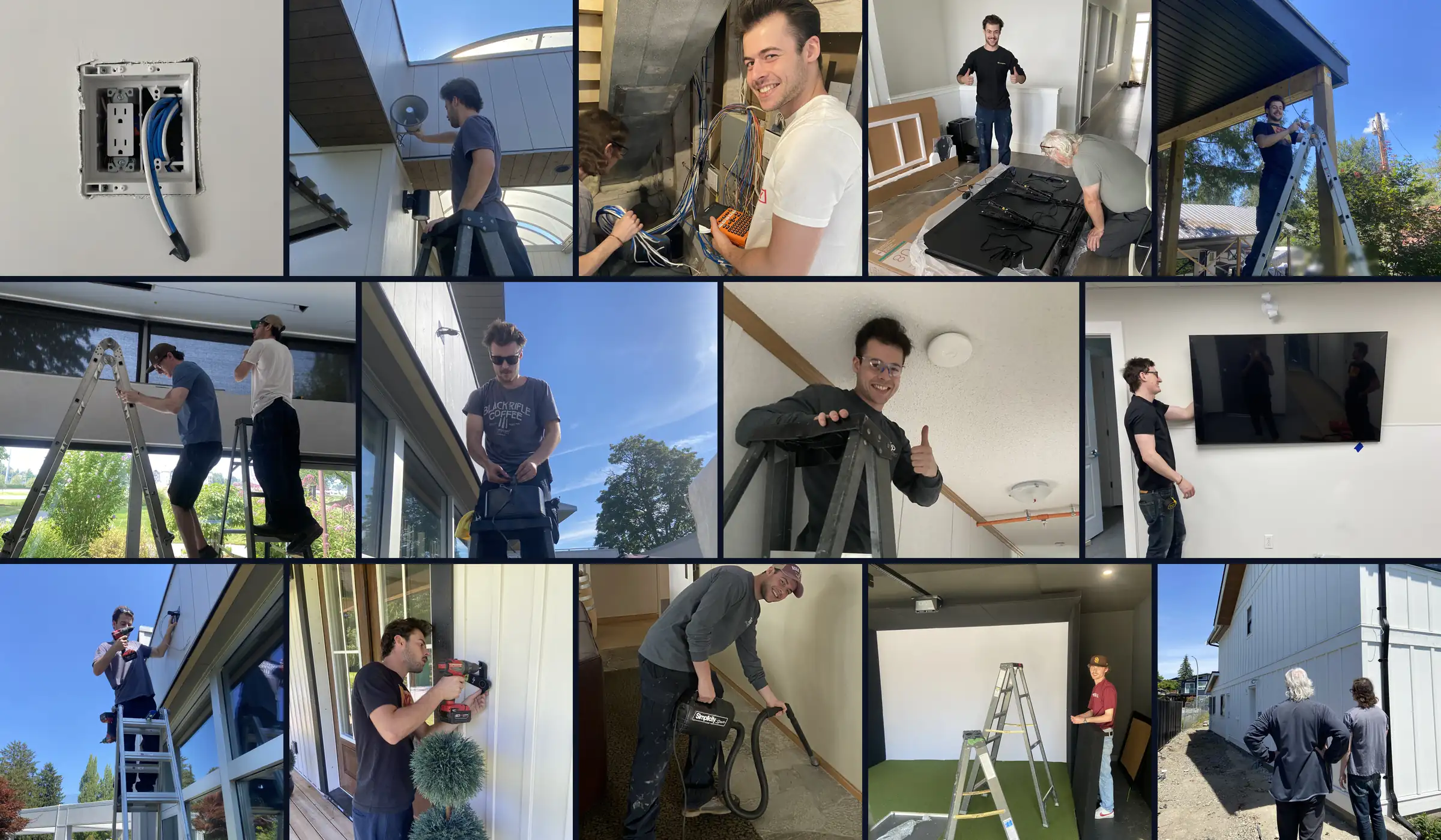 Photo collage of the Digital Valley Entertainment team at work: smiling technicians on ladders installing outdoor cameras and speakers, mounting TVs, labelling network cables, fitting a video doorbell, setting up a projector and vacuuming up after an install.